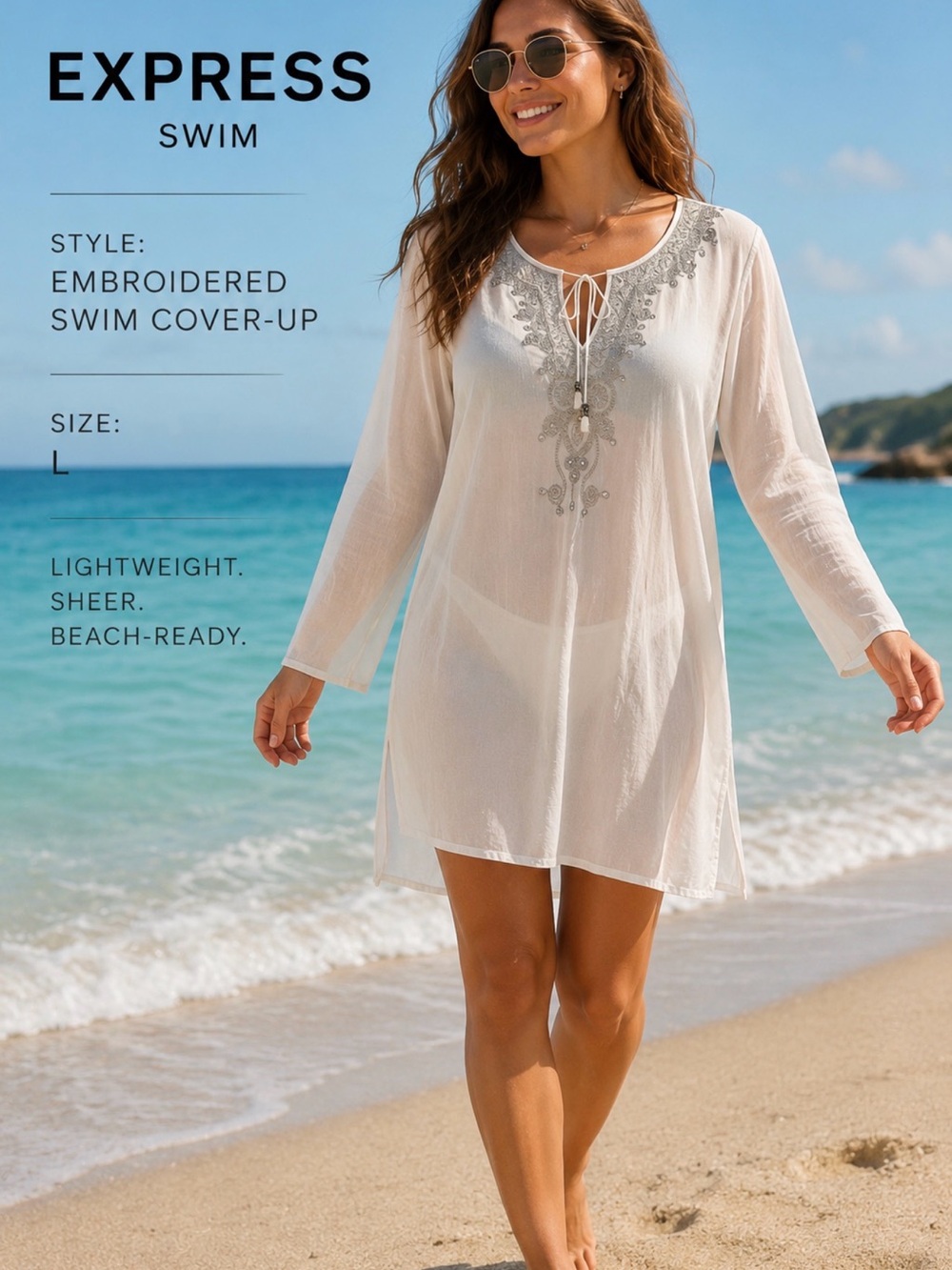 Express White Embroidered Sheer Swim Cover-Up size l large